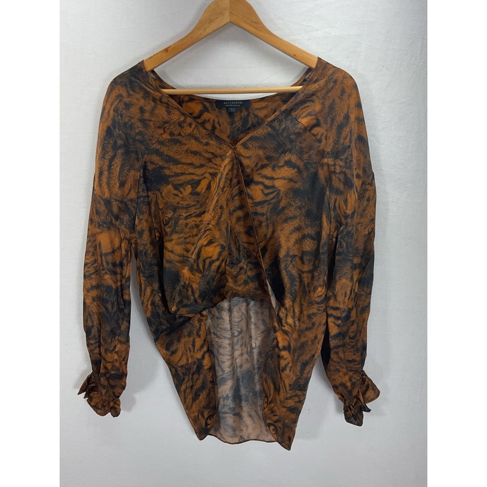 All Saints Penny Grizedale satin Wrap Blouse Tiger Cheetah size 4 asymmetrical